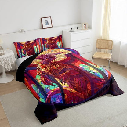 Feelyou Dragon Comforter Set Queen Size Dragon Stuff Comforter for Boys Girls Teens Wild Life Bedding Set Dragon Decor Duvet Set Room Decor Dark Orange Quilt Set
