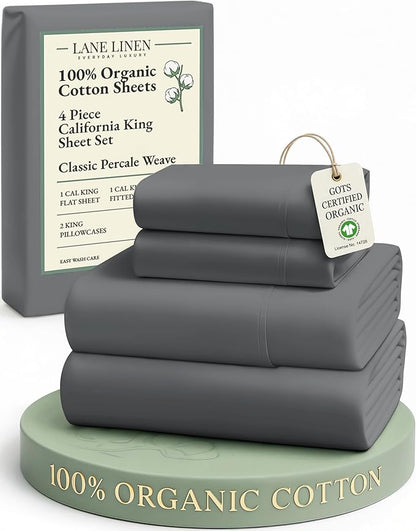 LANE LINEN 100% Organic Cotton California King Sheets Set, Fully Elasticized Reinforsed Seams in Fitted Pocket, Machine Washable All Season Cal King Sheet Deep Pocket Bedding-Charcoal