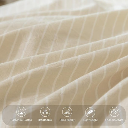 MooMee Bedding Pillowcases Striped Pack of 2 100% Washed Cotton Linen Like Textured Breathable Durable Soft Comfy (Almond Milk Grey White Wide Stripes, Queen)