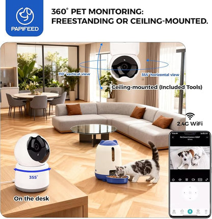 PAPIFEED 2-in-1 Automatic Cat Feeder and Pet Camera Combo, 1080P HD & 360°Pan-Tilt, 3L Cat Food Dispenser with App, 2.4G WiFi Timed Cat Feeder for Dry Food, Automatic Cat Feeder with Camera