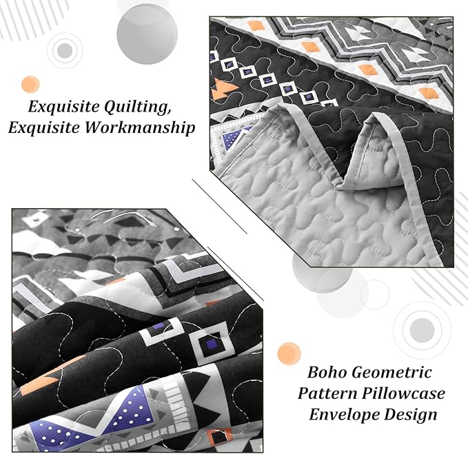 WONGS BEDDING Boho Quilt Set King,Black Grey Bedspread Coverlet Set with 2 Pillowcase,Lightweight Geometry Printed Bohemian Bedding Set 104"×90"