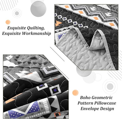 WONGS BEDDING Boho Quilt Set King,Black Grey Bedspread Coverlet Set with 2 Pillowcase,Lightweight Geometry Printed Bohemian Bedding Set 104"×90"