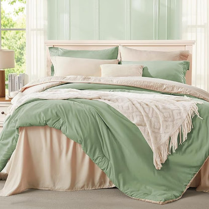 Anluoer Sage and Cream Full Comforter Set 7 Pieces, Bed in a Bag with Sheets, All Season Bedding Sets with 1 Comforter, 2 Pillow Shams, 2 Pillowcases, 1 Flat Sheet, 1 Fitted Sheet