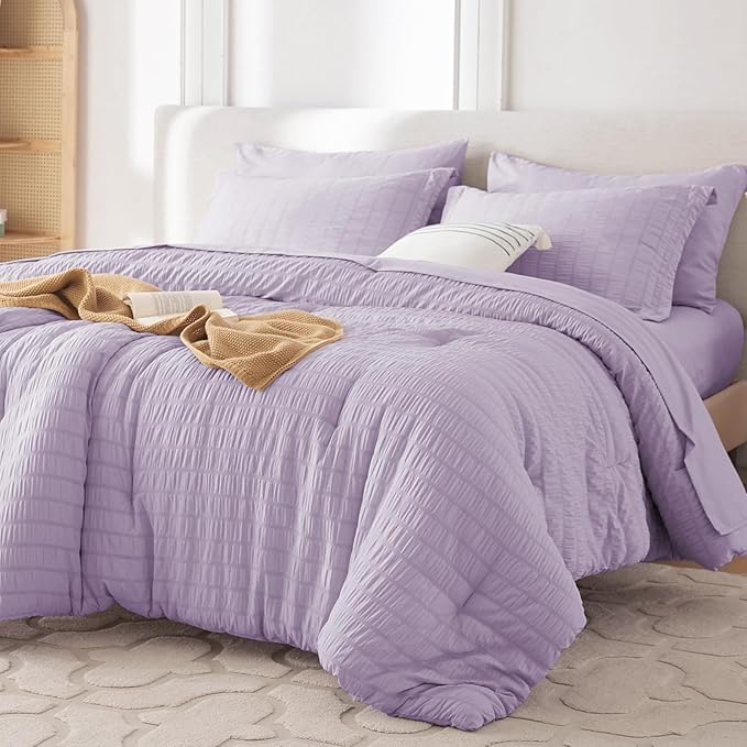 MUXHOMO 7 Pieces Full Comforter Set, Seersucker Bed in a Bag Full Size, All Season Luxury Bedding Set with Comforter, Flat Sheet, Fitted Sheet, Pillowcases & Shams, Lavender