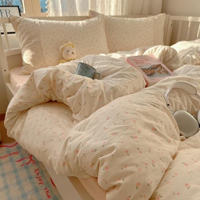 VM VOUGEMARKET Girl's Pink Flower Comforter Set Twin,Romantic Lace Bedding Comforter Soft Lightiweght Washed Microfiber Quilt Comforter Set for College Dorm