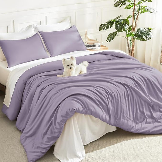 Litanika Grayish Lavender Purple Comforter Set Full Size, 3 Pieces Lightweight Solid Bedding Comforter Set, All Season Fluffy Bed Set (79x90In Comforter & 2 Pillowcases)