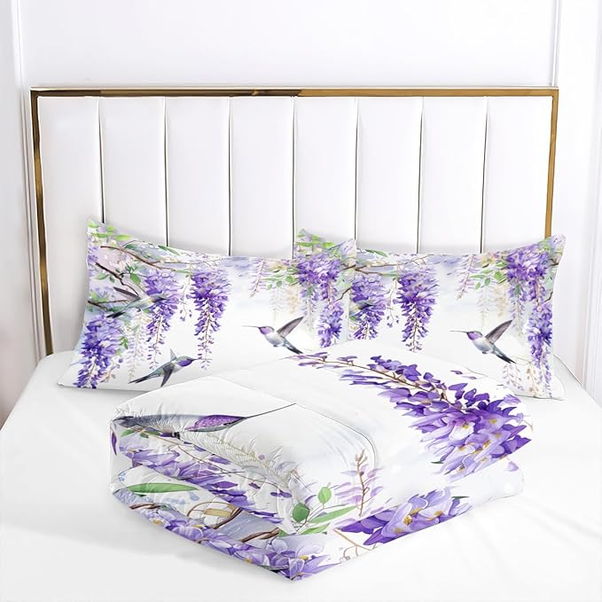 Comforter Set Full Purple Wisteria Bedding Set Hummingbirds Bedding Soft Down Alternative Comforter with 2 Pillowcases, Aesthetic Floral Design