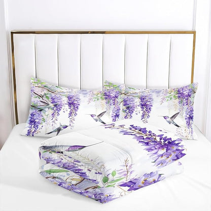 Comforter Set Full Purple Wisteria Bedding Set Hummingbirds Bedding Soft Down Alternative Comforter with 2 Pillowcases, Aesthetic Floral Design