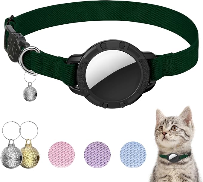 AirTag Cat Collars, Stretchy Collar with AirTag Holder and Bell | Breakaway - Ultra Design Elastic - GPS Tracking Collars - Adjustable Size for Cats & Puppies 7.5-12.5" - (Forest Green)