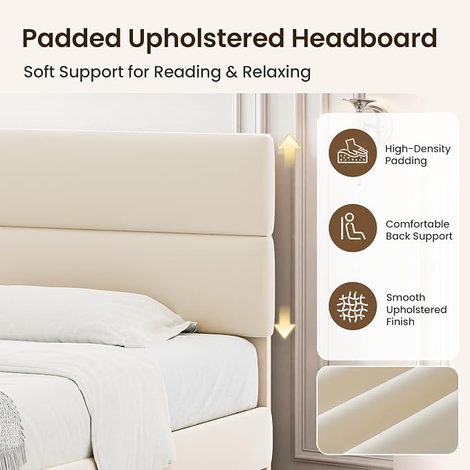 GRUSIGN Queen Size Platform Bed Frame with Velvet Headboard, Adjustable Height Wooden Slats Support, Upholstered Mattress Foundation, Fits Mattress or Mattress with Box Spring, Easy Assembly, Beige