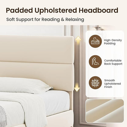 GRUSIGN Queen Size Platform Bed Frame with Velvet Headboard, Adjustable Height Wooden Slats Support, Upholstered Mattress Foundation, Fits Mattress or Mattress with Box Spring, Easy Assembly, Beige