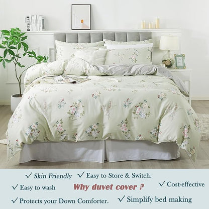 FADFAY Floral Duvet Cover Set Queen 100% Cotton Sage Green Comforter Set Coquette Bedding Girls Vintage Flower Pattern Farmhouse Bedding for All Season Soft Set with 2 Pillowcases, Queen