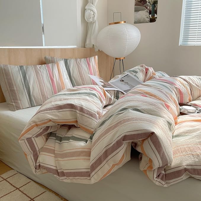 EAVD Retro Striped Comforter Set King Soft 100% Washed Cotton 3-Piece Colorful Striped Bedding Set with 2 Pillowcases Vintage Multicolor Geometric Pattern Comforter Set for All-Season