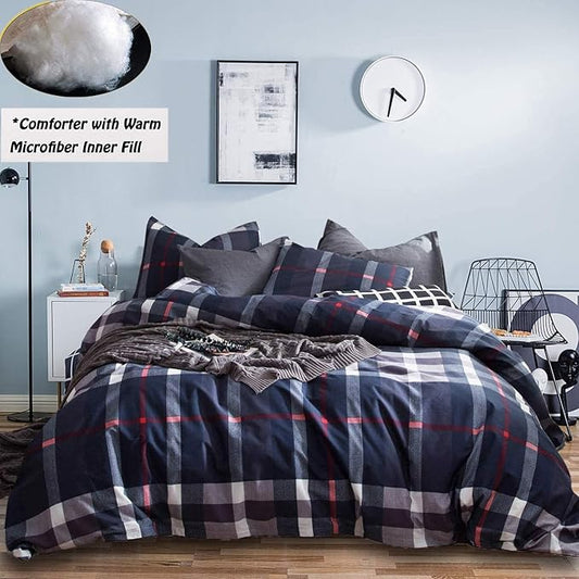 Houseri Navy Plaid Comforter Set King Dark Blue Grid Bedding Sets King Size Men Classic Navy Buffalo Checkered Bed Sets Tartan Gingham Deep Color Checks Quilt Blanket King