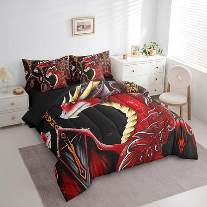 Erosebridal 3D Dragon Bed in a Bag Queen Comforter Set 7 Piece,Vintage Gothic Red Dragon Bedding Sets Antique Wildlife Mythical Animal Sheet Set with Comforter