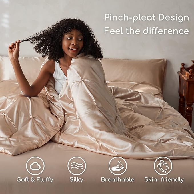 MR&HM Satin Comforter Twin XL 5 Pieces - Luxurious Pinch Pleat Bedding Set with Comforter, Flat Sheet, Fitted Sheet, Pillowcase & Sham, Super Silky Soft Bed Set for All Season (Twin XL, Champagne)