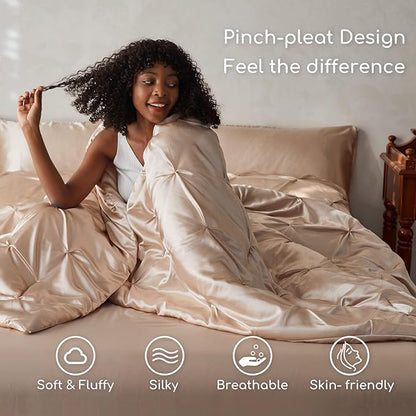 MR&HM Satin Comforter King 7 Pieces - Luxurious Pinch Pleat Bedding Set with Comforter, Flat Sheet, Fitted Sheet, Pillowcases & Shams, Super Silky Soft Bed Set for All Season (King, Champagne)