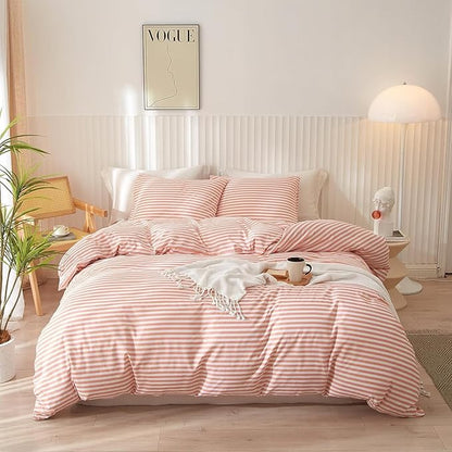 LifeTB King Size Comforter Set Pink White Stripes Pattern Comforter Modern Striped Comforter Set Fluffy Lightweight 3 Pieces Bedding Comforter Farmhouse Stripes Boho Bed Comforter with 2 Pillowcases