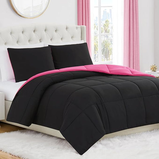 Juicy Couture Reversible Box Stitch Comforter Set, 3-Piece King – Hot Pink/Black – Glam Bedding Set