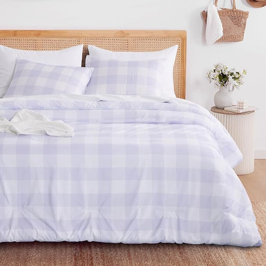 Wake In Cloud - Gingham Comforter Set, Plaid Buffalo Check Checkered Cottagecore Cute Geometric, Soft Lightweight Bedding, 3 Pieces, Light Purple, Twin/Twin XL Size