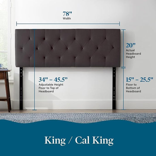 Lucid Mid-Rise Upholstered Headboard - Diamond Tufted - Padded Polyester - Adjustable Height from 34” to 46” - Easy Assembly - Bed Frame or Wall Mount - Sturdy - Charcoal - King / Cal King Size