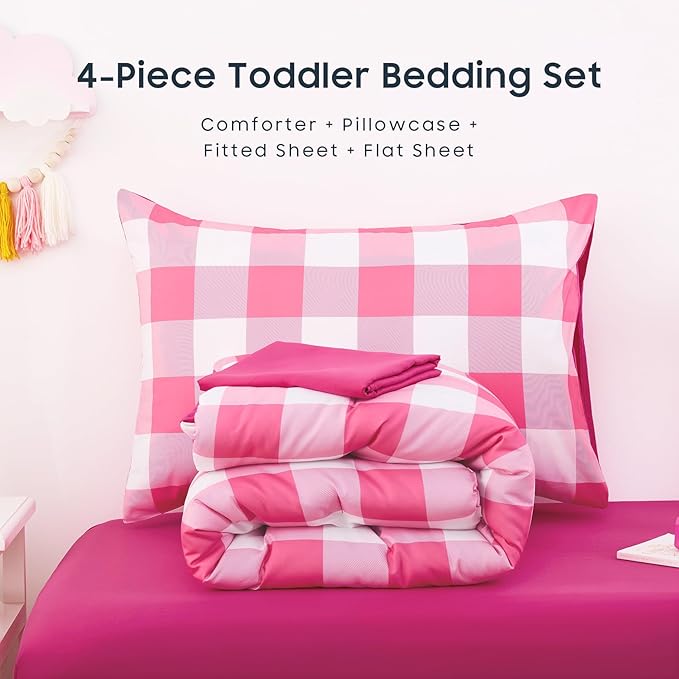 Wake In Cloud - Gingham Toddler Bedding Set for Girls Boys, Cute Plaid Buffalo Check, 4 Pieces Soft Crib Bed Set Including Comforter, Sheets and Pillowcase, Hot Pink