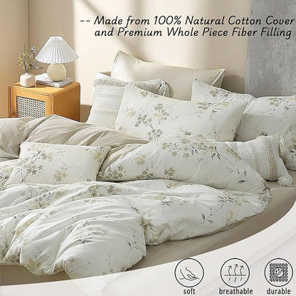 Floral Cotton Comforter King Size - Cream Comforter with Luxurious Grey Branches & Subtle Beige Blossoms,Reversible Lightweight Bedding Sets 3Pcs(104"×90")