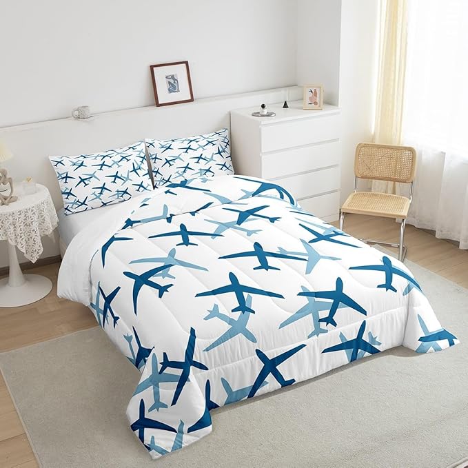 Castle Fairy Kids Aircraft Boys Girls Comforter Set Full Size,Cartoon Transportation Vehicles Duvet Sets Teens Bedroom Decor,Boys Airplane Blue White Brushed Microfiber Soft Bedding Comforter