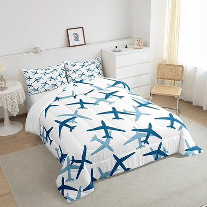 Castle Fairy Kids Aircraft Boys Girls Comforter Set Full Size,Cartoon Transportation Vehicles Duvet Sets Teens Bedroom Decor,Boys Airplane Blue White Brushed Microfiber Soft Bedding Comforter