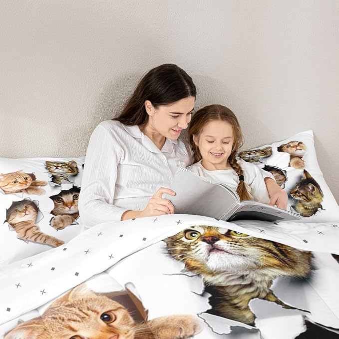 Erosebridal 3D Kitten Bedding Set Queen Size Kawaii Cats Comforter Set for Kids Men Women Paw Cute Pet Animal White Orange Comforter Warm Soft Quilt Insert