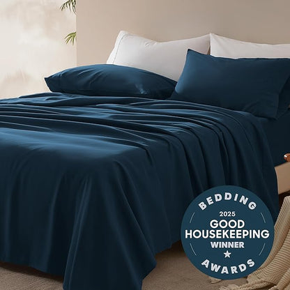 SLEEP ZONE Nanotex Super Soft Cooling Full Size Bed Sheets Set 4 Piece - Easy Care Fitted Flat Sheet & Pillowcase Sets - Wrinkle Free, Fade Resistant, Deep Pocket 16" (Navy Blue, Full)