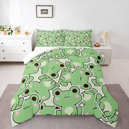 Erosebridal Kawaii Frogs Comforter Set Queen Size, Cartoon Frog Bedding Set for Kids Boys Girls Teens, Green Wild Animals Farmhouse Down Comforter, Cute Wildlife Rustic Funny 3Pcs Duvet Insert