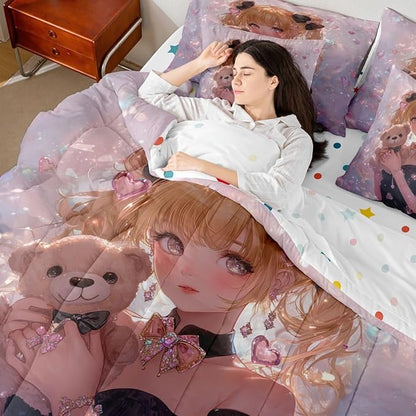 Erosebridal Bow Girls Bedding Set Pink Kawaii Cartoon Anime Kids Twin Comforter Set 7 Piece,Romantic Aesthetic Princess Bed in A Bag Japanese Style Girl Bed Set