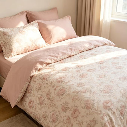 Coquette Cottagecore Comforter Set King Size, 3Pcs Shabby Chic Flower Bedding for Women Teen Girls, French Country Style Quilted Comforter with 2 Pillowcases, 90"x90"