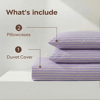 Bedbay Lavender Striped Duvet Cover Set Queen Size, 100% Cotton Sateen Bedding Set, Silky Soft Light & Fresh 3 Piece Duvet Cover for All Seasons