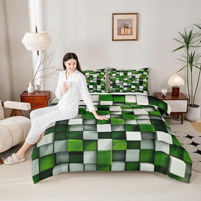 Pixelated Miners Game Kids Bedding Set King Size,Video Games Cartoon Gamepad Comforter Set，Modern Geometric Check Quilt Comforter,Green White Bedroom Duvet Insert,2 Pillowcases