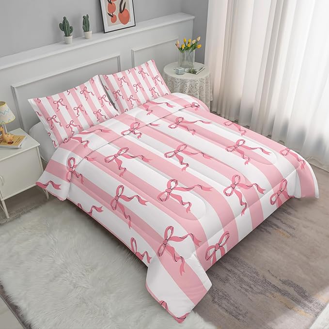 Pink Bowknot Girls Comforter Set King Size,Kawaii Cartoon Geometric Bedding for Kids,Girls Bedroom Room Decor,3Pcs Bow Pink Striped Princess Romantic Comforter Set 1 Quilt 2 Pillowshams