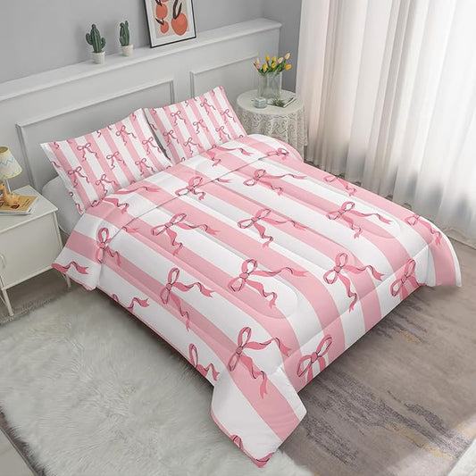Pink Bowknot Girls Comforter Set Twin Size,Kawaii Cartoon Geometric Bedding for Kids,Girls Bedroom Room Decor,3Pcs Bow Pink Striped Princess Romantic Comforter Set 1 Quilt 2 Pillowshams