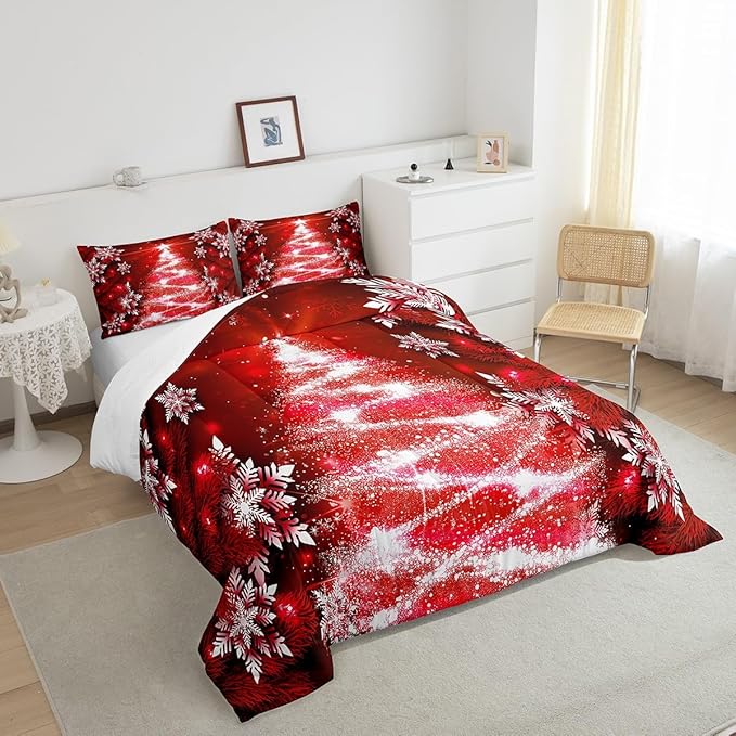 Feelyou Christmas Tree Comforter Set for Children Kids Boys Girls Luxury Chic Xmas Theme Bedding Set Glitter Snowflake Star Comforter Microfiber Red Duvet Set Room Decor Quilt Set Toddler Size