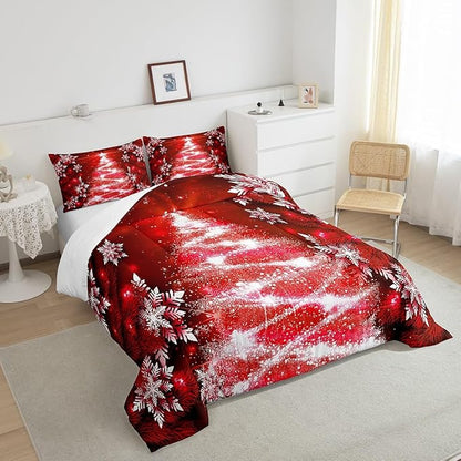 Feelyou Christmas Tree Comforter Set for Children Kids Boys Girls Luxury Chic Xmas Theme Bedding Set Glitter Snowflake Star Comforter Microfiber Red Duvet Set Room Decor Quilt Set Full Size