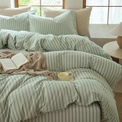 Sage Green and White Striped Duvet Cover,100% Washed Cotton Breathable and Linen Like Bedding Set(Strip-Sage Green/White,Queen)