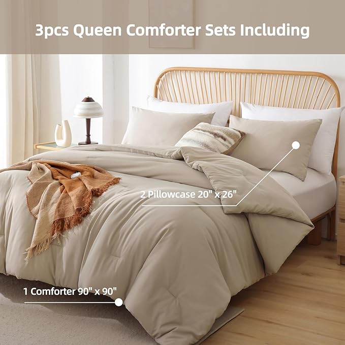 ROSGONIA Oversized Queen Comforter Light Khaki, 3pcs (1 Comforter & 2 Pillowcases) Lightweight Oversized Queen Comforter Sets Bedding Blanket Quilts