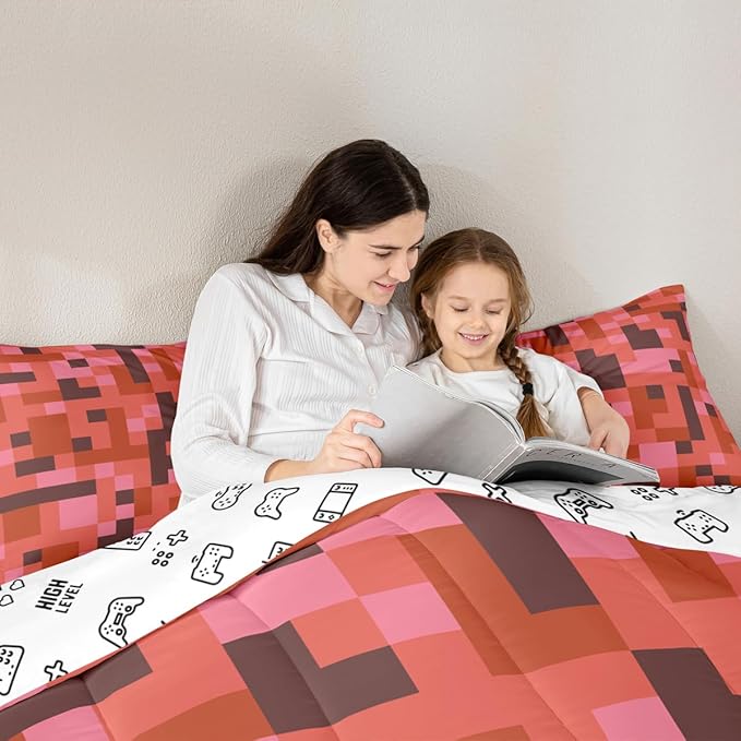 Pixelated Miners Game Comforter Set Full Size,Camo Geometric Check Kids Bedding Set,Reversible Gamepad Video Games Quilt Comforter,Red Brown Duvet Insert,2 Pillowcases