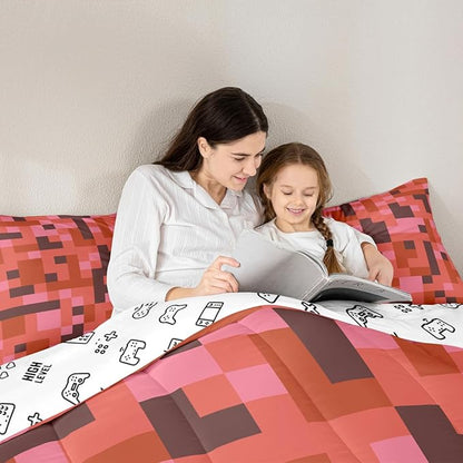 Pixelated Miners Game Kids Bedding Set King Size,Camo Geometric Check Comforter Set，Reversible Gamepad Video Games Quilt Comforter,Red Brown Bedroom Duvet Insert,2 Pillowcases