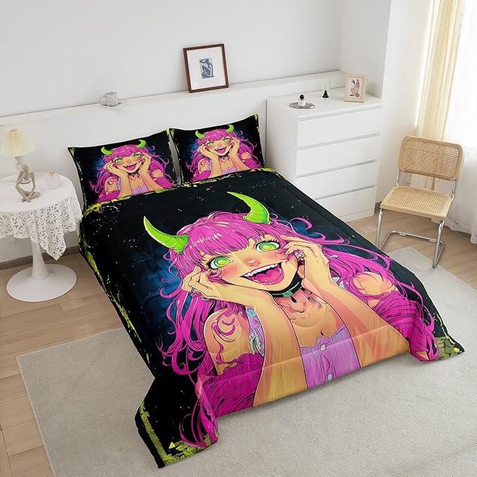 Erosebridal Anime Girl Comforter Set King Size, Japanese Anime Bedding Set for Kids Boys Teens Bedroom Decor, Cartoon Girl Quilt Kawaii Japanese Animation Duvet Insert with 2 Pillow Cases