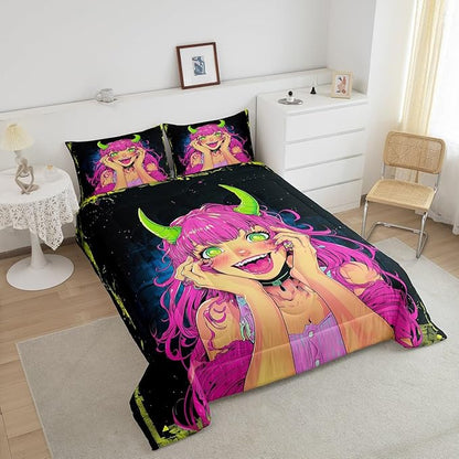 Erosebridal Anime Girl Comforter Set King Size, Japanese Anime Bedding Set for Kids Boys Teens Bedroom Decor, Cartoon Girl Quilt Kawaii Japanese Animation Duvet Insert with 2 Pillow Cases