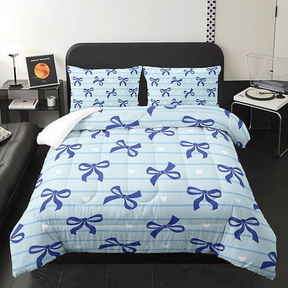 3Pcs Bow Bedding for Girls,Blue Bowknot and White Love Heart Printed Bedding Set King Size,Blue Striped Comforter for Teens Boys Girls,Kawaii Cartoon Comforter Set 1 Quilt 2 Pillowshams