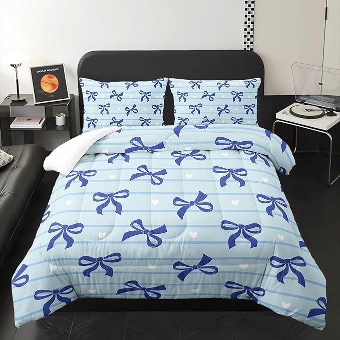 3Pcs Bow Bedding for Girls,Blue Bowknot and White Love Heart Printed Bedding Set Queen Size,Blue Striped Comforter for Teens Boys Girls,Kawaii Cartoon Comforter Set 1 Quilt 2 Pillowshams