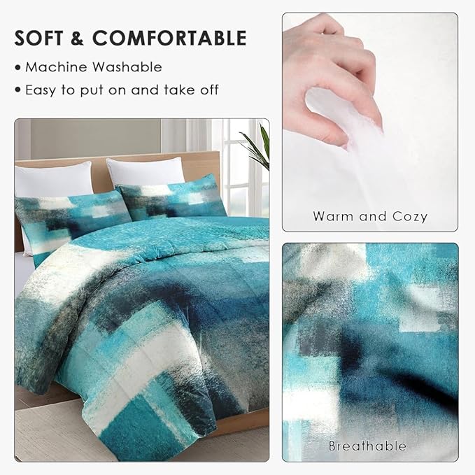 Queen Size Comforter Set with 2 Pillowcases, Painting Contemporary Teal Turquoise Grey Soft 3 Pcs Bedding for Kids and Adults Bedroom Bed Decor