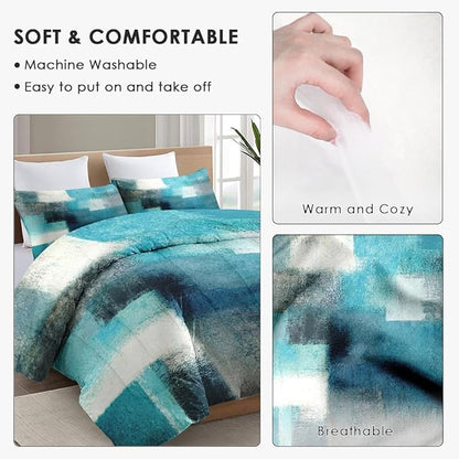 Queen Size Comforter Set with 2 Pillowcases, Painting Contemporary Teal Turquoise Grey Soft 3 Pcs Bedding for Kids and Adults Bedroom Bed Decor